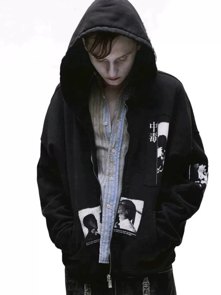 ERD25s Melancholy Rich Second Generation Poisoning Christmas Limited Edition Old Adhesive Cloth Hooded Zipper Jacket Unisex