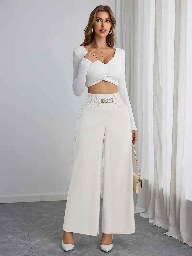 2025 Cross-border New Amazon wish High Waist Slim Elegant Commuter Solid Color Chain for Spring and Autumn Wide Leg Pants