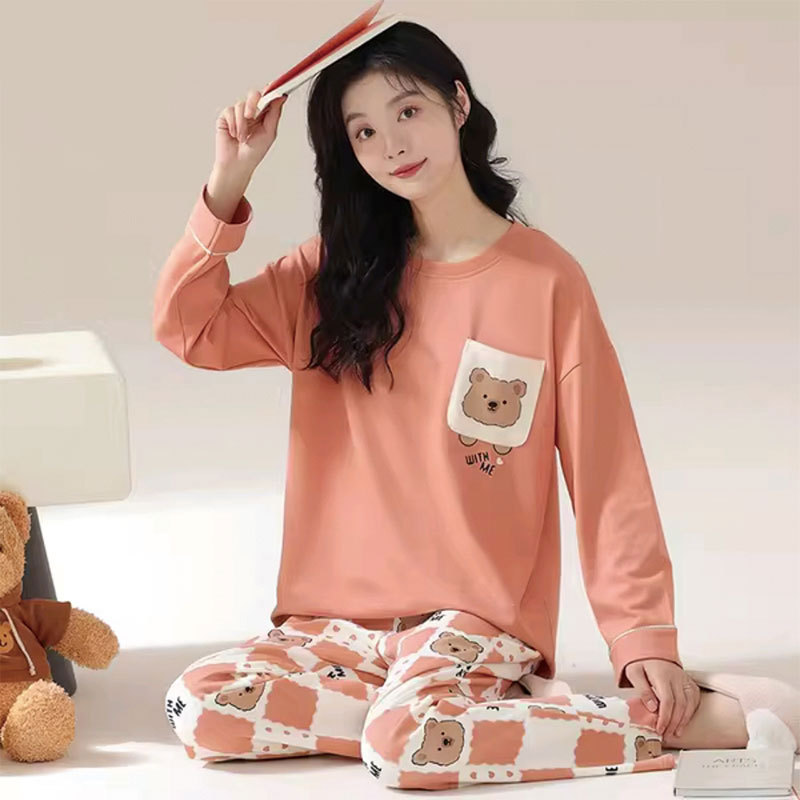 New Style Long-Sleeved Plaid Pants with Cute Little Bears, Simple and Casual Women's Long-Sleeved Home Wear Set for Spring and Autumn