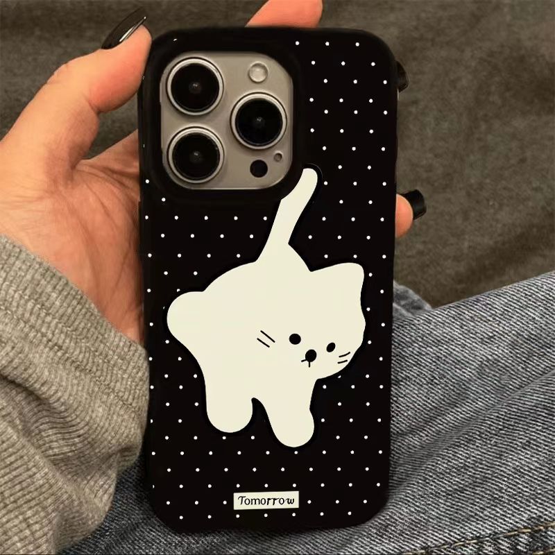Full screen wave dot white cat for Apple 15PROMAX mobile phone case iPhone14 large hole 13 soft case 12 explosions 11