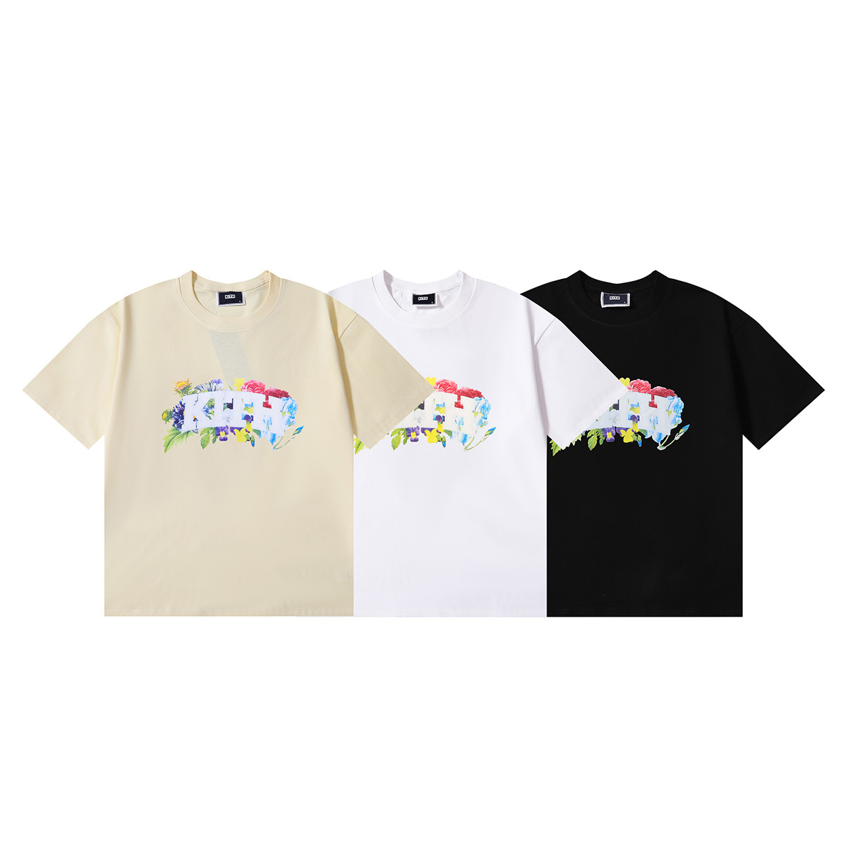 Cross-Border Niche Beauty Trend Kith Yellow Floral Print High-Quality Double Yarn Pure Cotton Casual Short-Sleeved T-Shirt for Men and Women Summer