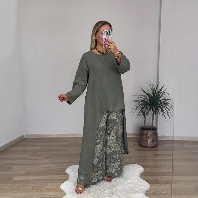 2025 European and American Foreign Trade Cross-Border New Women's Casual Cotton and Linen Irregular Tops Wide-Leg Pants with Pocket Suit for Women