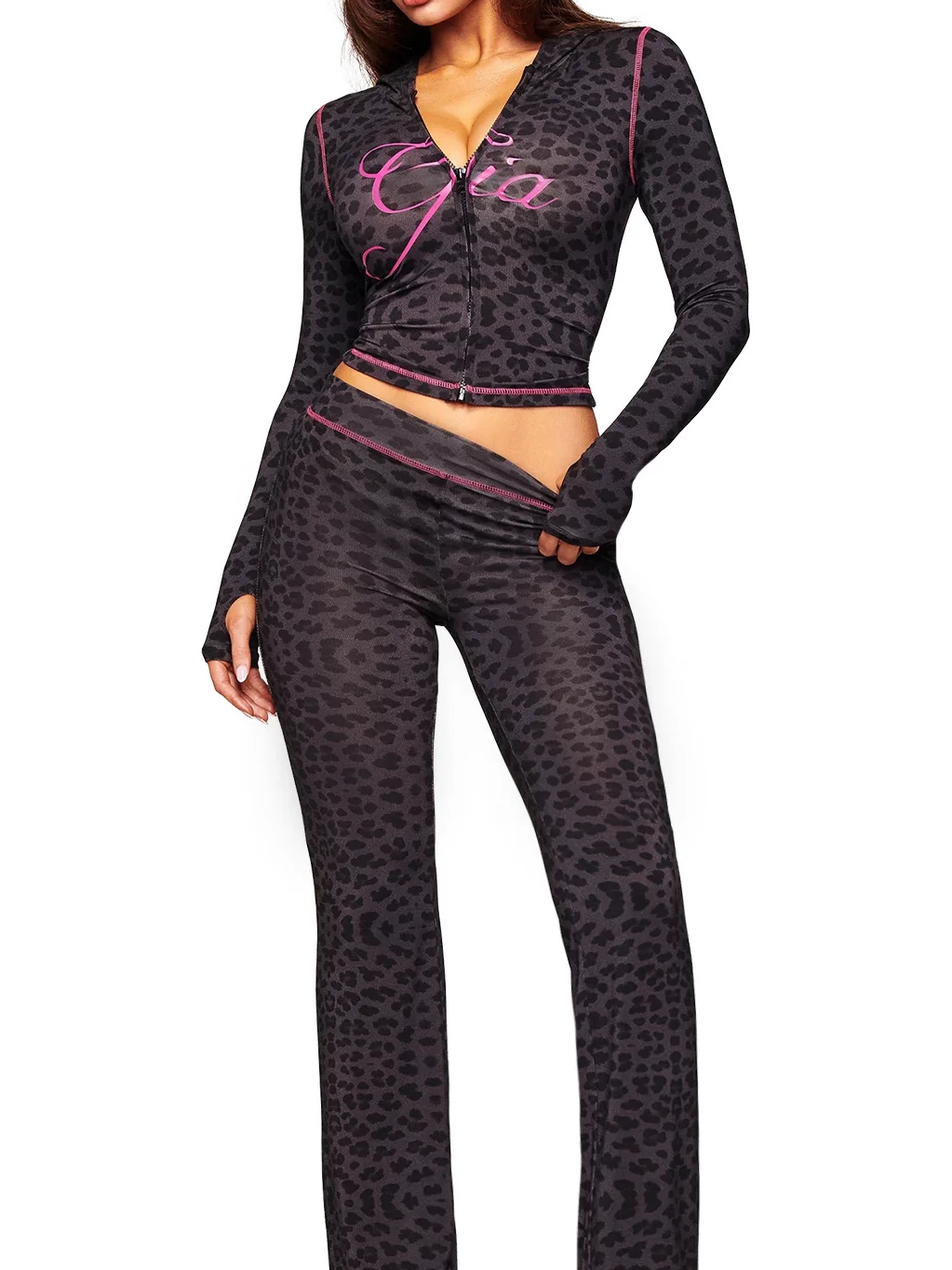 Iamgia Slim-Fit Letter Print Top with Visible Stitching Design, Slim-Fit Hooded Zip-Up Short Jacket and Pants Set