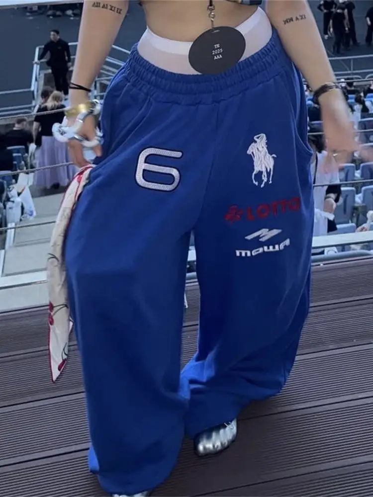 Mowalola New Casual Pants Angel War Horse Embroidery Retro Wide-Leg Jogger Pants Bf Unisex Mid-Waist Sweatpants