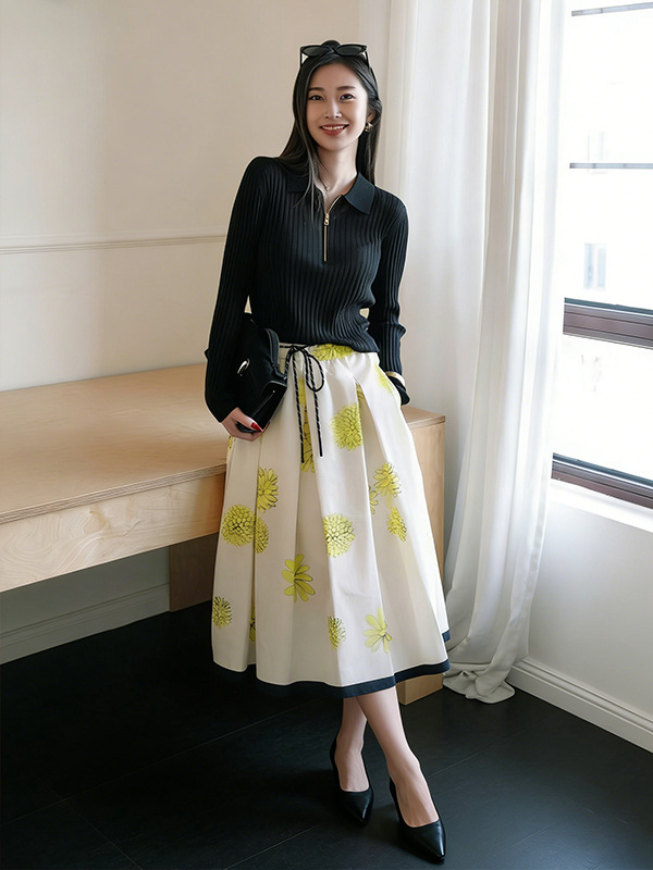 Women's Summer Long Cotton Elegant Skirt, 2026 Spring and Summer New Style, Elastic Waist Daisy Print Skirt
