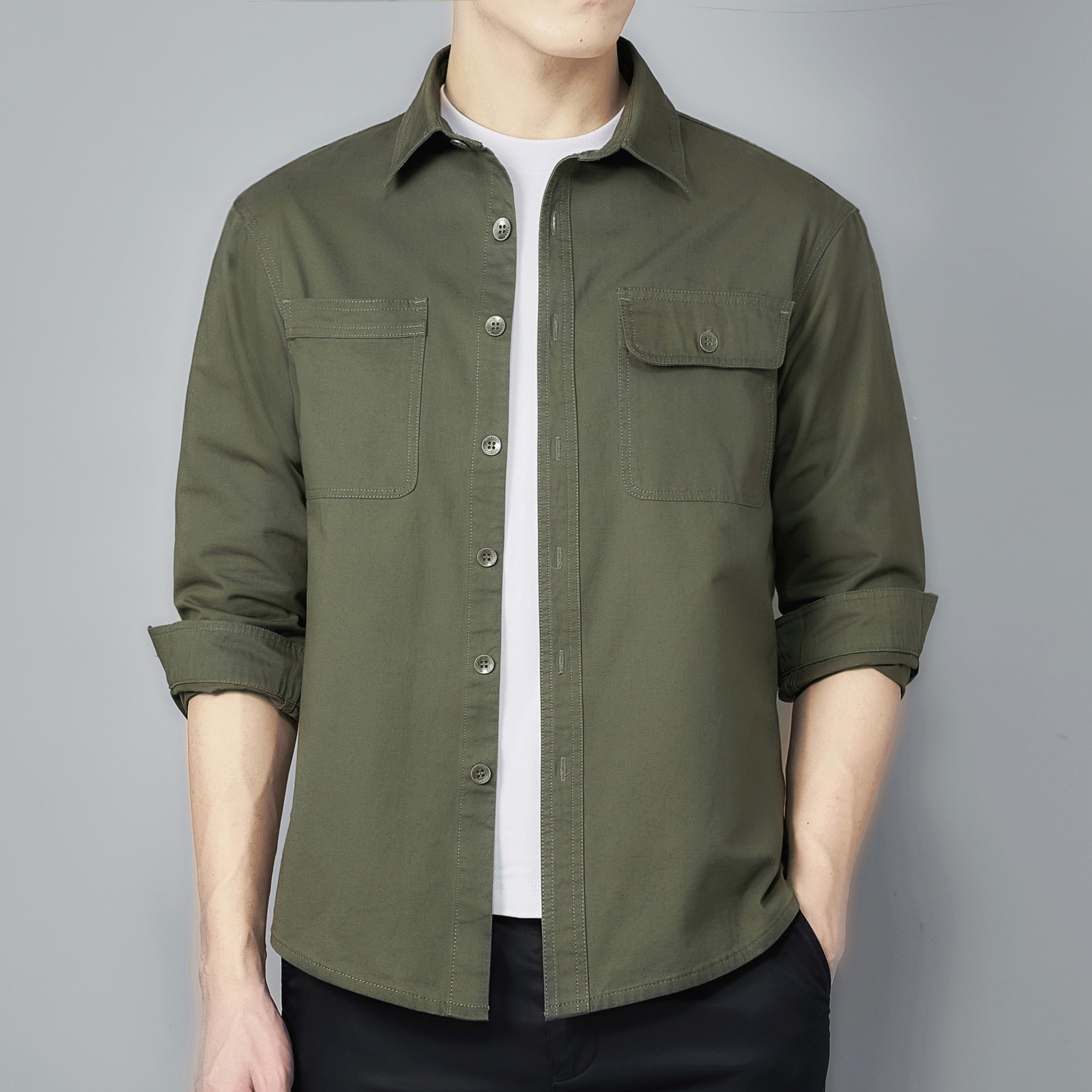Cross-Border Aliexpress Men's Long-Sleeved Shirts, Casual Workwear Shirts for Middle-Aged and Elderly People, Spring and Autumn Thin Jackets, Lapel Tops