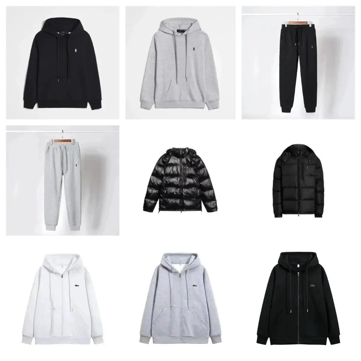 Polo Ralph Lauren and Lacoste hoodies and puffer jackets