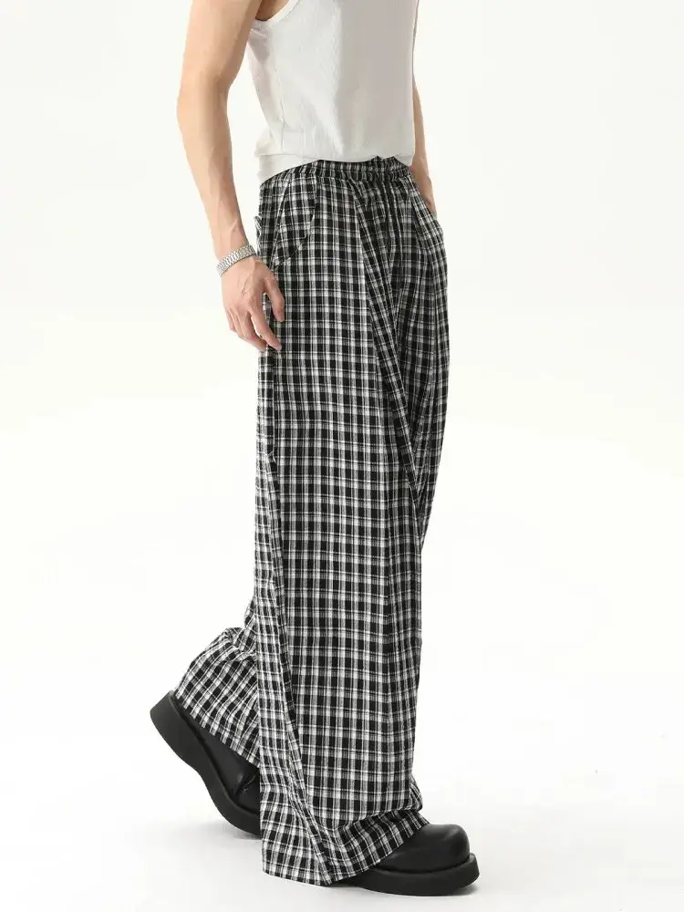 Turntide Niche Simple Plaid Casual Pants Retro High-End Loose Versatile Wide-Leg Straight Pants Summer