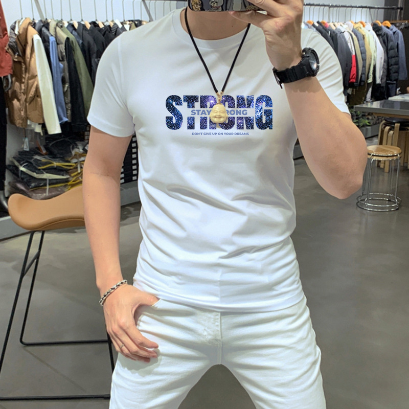 Men's T-shirt Short-sleeved New Fashionable All-match Slim-fit Handsome Starry Sky Letter Printed Top Men's T-shirt