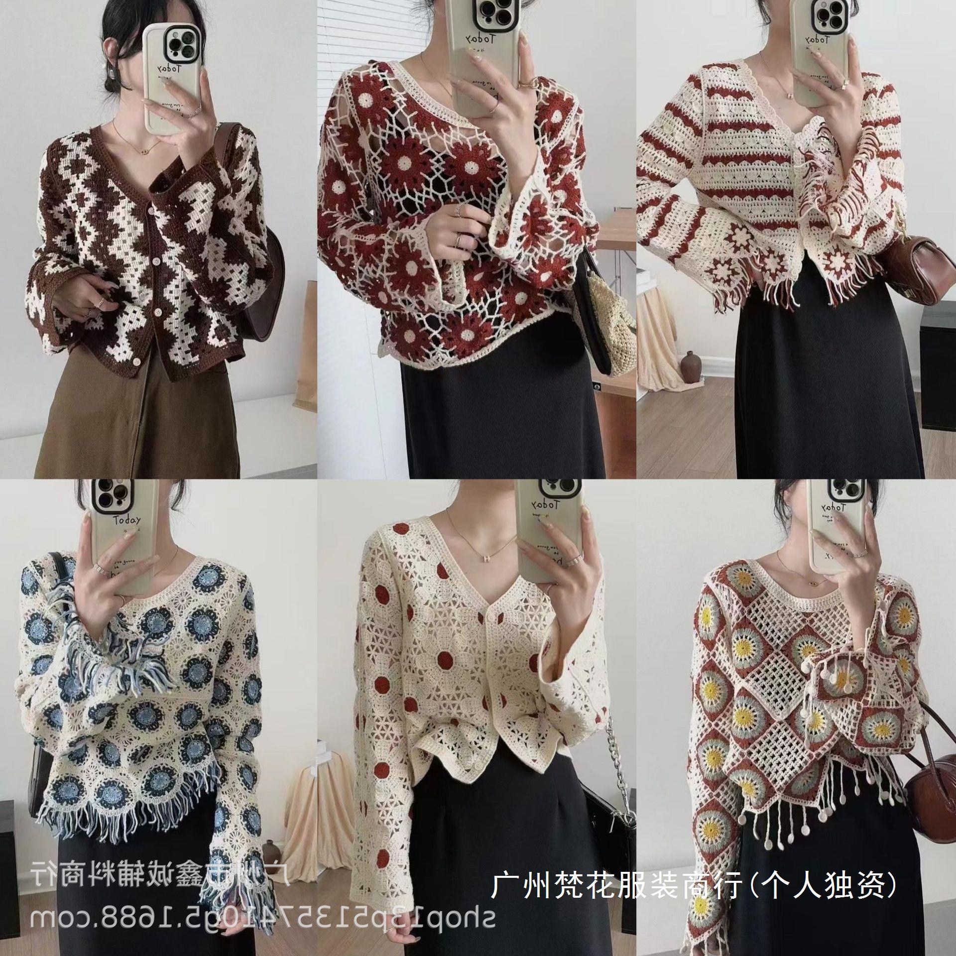 New Korean Style French Style Hollow Round Neck Lazy Style Knit Sweater Women's Design Sense Early Autumn Niche Retro Stitching Top
