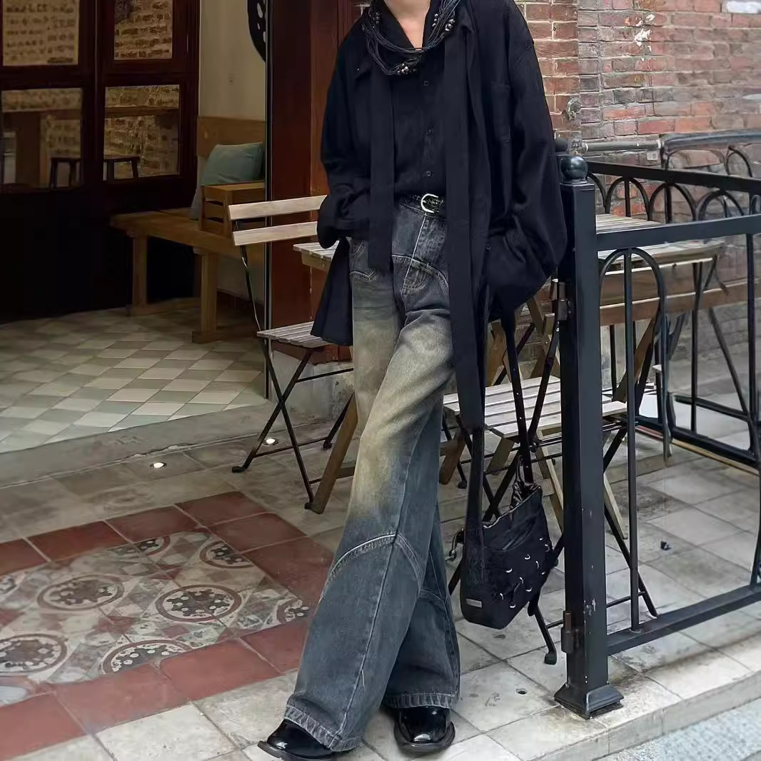 Design Sense Mid-high Waist Loose Micro-flared Jeans Men's Autumn New American Style Retro Dipped Wide-leg Pants