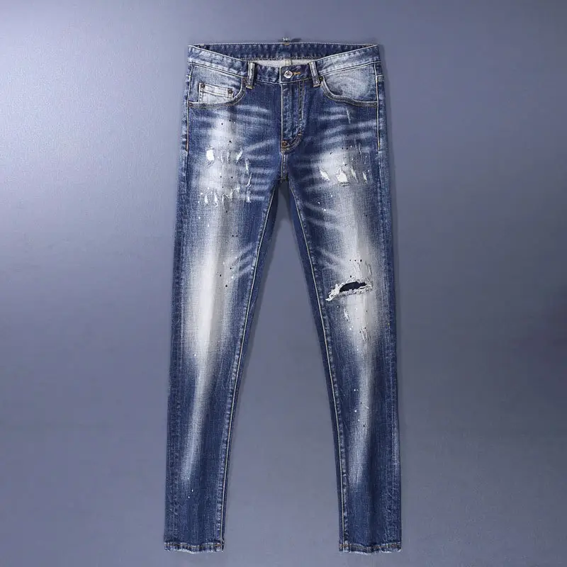European and American Street Fashion Men's Jeans Distressed Blue Washed Trendy Brand Paint Printed and Dyed Ripped Slim Fit Pants for Men