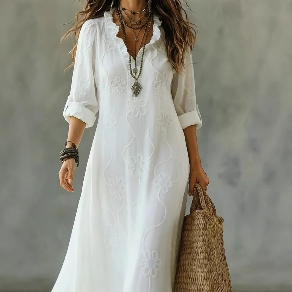 2026 Independent Site Spring and Summer Fashion Lace Embroidery Cotton and Linen Long Dress Amazon Aliexpress White Polyester
