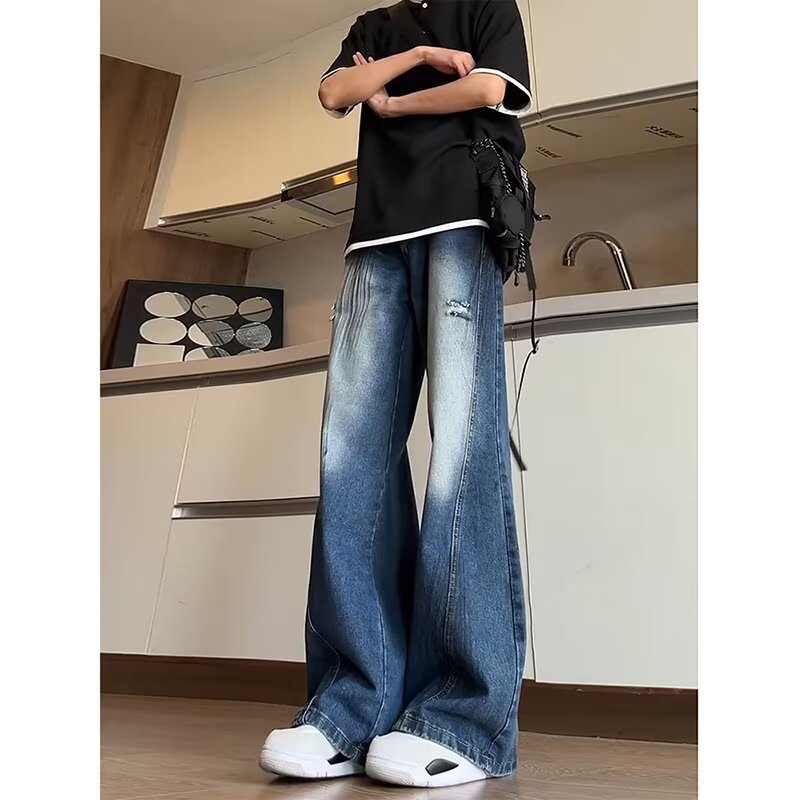 Vintage Blue Workwear-Style Jeans for Men, Summer Slim Fit for Tall Teenagers, Straight Loose Wide-Leg Flared Pants