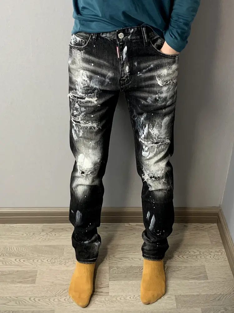 European Style Heavy-Duty Spray-Painted Washed Patch D2 Jeans for Men, Slim Straight-Leg Trousers Dsq2 Autumn and Winter 25 New
