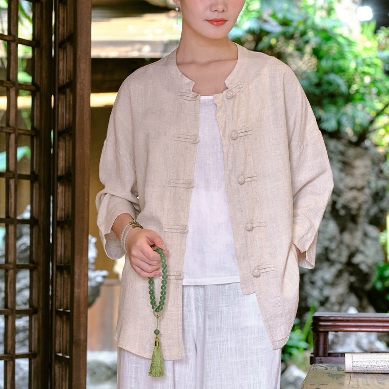 2026 New Cotton and Linen Women's Clothing, New Chinese-Style Cotton and Linen Cardigan, Women's Sand-Washed Button-Up Chinese Zen Tea Shirt