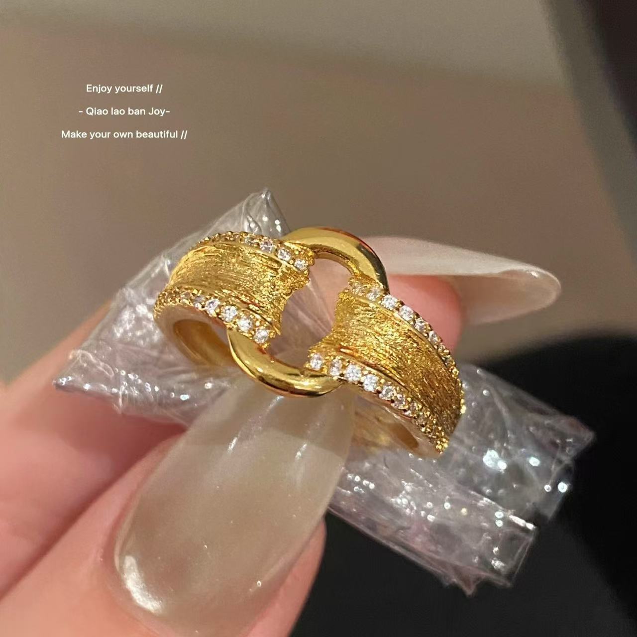 Vintage Brushed Ring with Twisted Design, Ancient Gold Color, Adjustable Open Ring for Index Finger, Versatile High-Quality Textured Stacking Ring