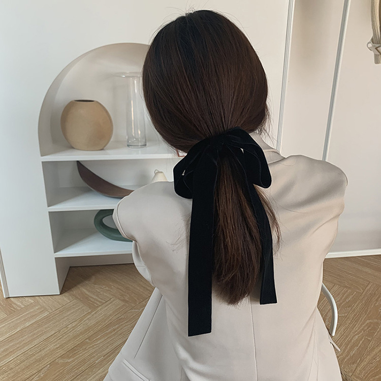 Vintage French Velvet Bow Ribbon Hair Strap Hair Clip Women's Horsetail Super Fairy Hair Strap Hair Strap Hair Accessories