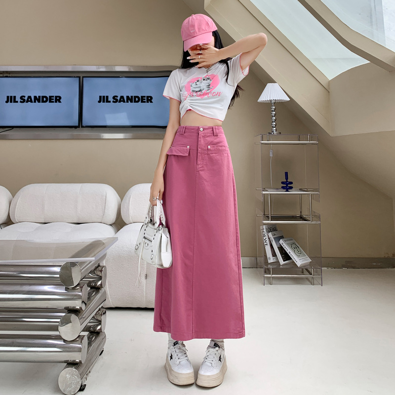 High-Waist Slit Denim Skirt for Women Summer A-Line Skirt Hip-Covering Half Skirt for Small Women Pear-Shaped Mid-Length Skirt for Women