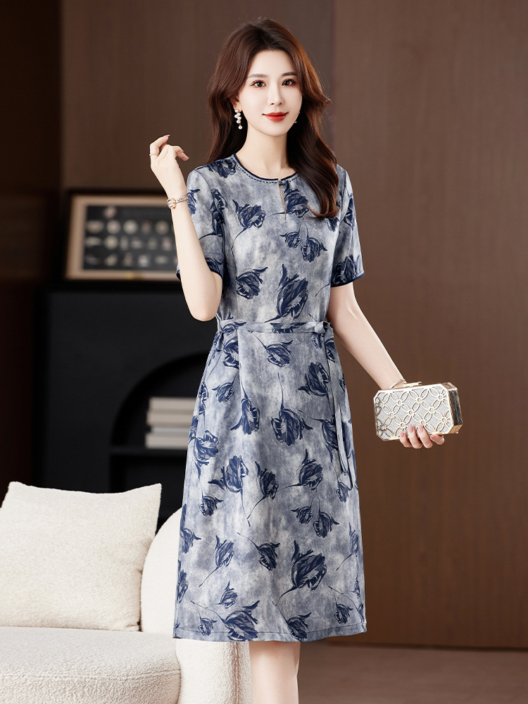Hangzhou Pastoral Style Printed Mulberry Silk Skirt 2025 Summer New Style Lace-up Waist Slimming Silk dress Women