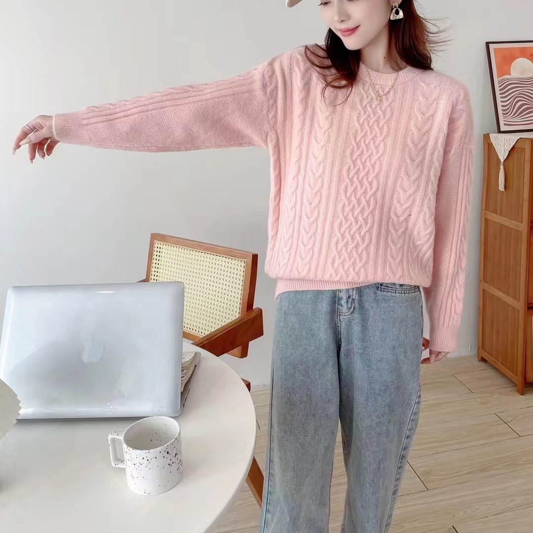2023 new pullover women's twist round neck sweater thickened bottoming shirt loose lazy style twisted top