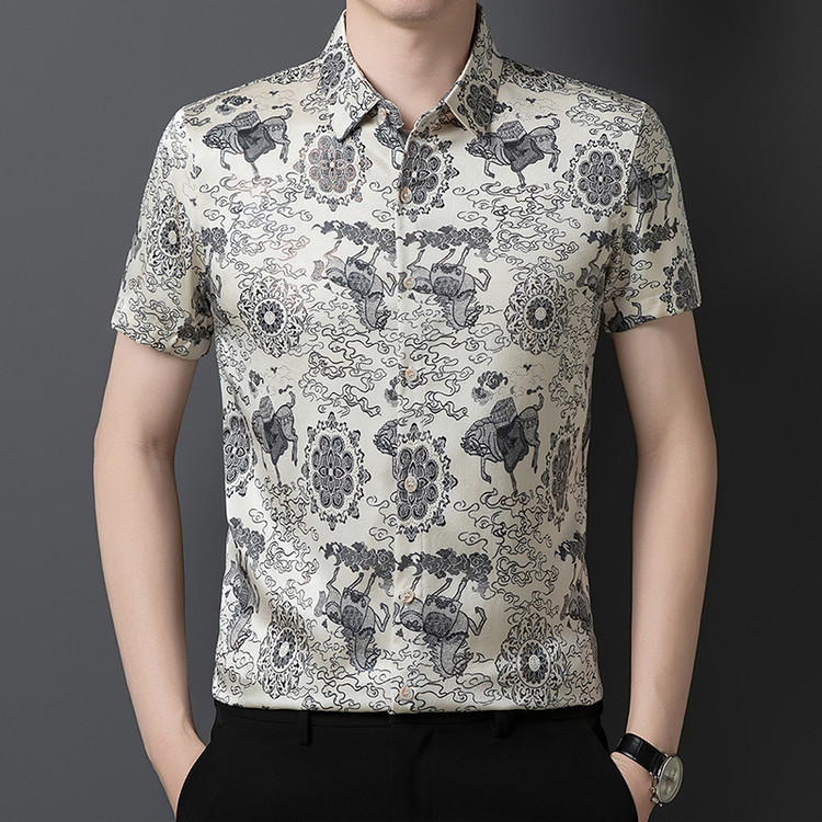 2026 Summer New Men's Short-Sleeve Floral Shirt, Light Luxury National Style, Breathable Ice-Feel Turn-Down Collar Short-Sleeve Shirt for Middle-Aged and Elderly