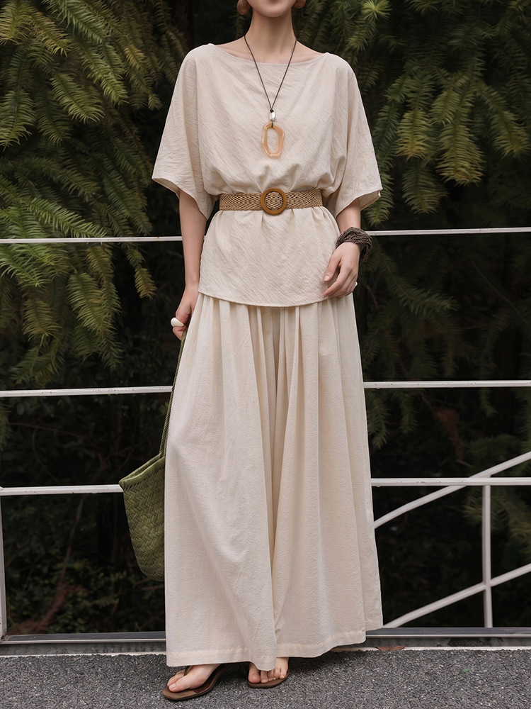 Casual Style with Belt and Necklace, Round Neck Short-Sleeve Tencel Linen Top + Loose Wide-Leg Pants with Double Pockets Two-Piece Set
