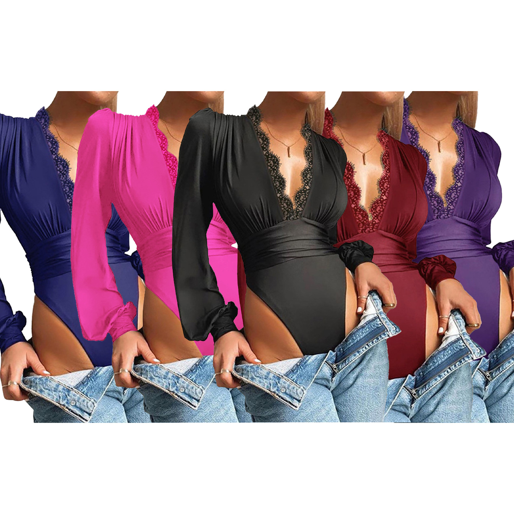 D12552021 Autumn Amazon Solid Color Deep V-Neck Lace Trim Slim Bodysuit Women's Sexy Hot Girl
