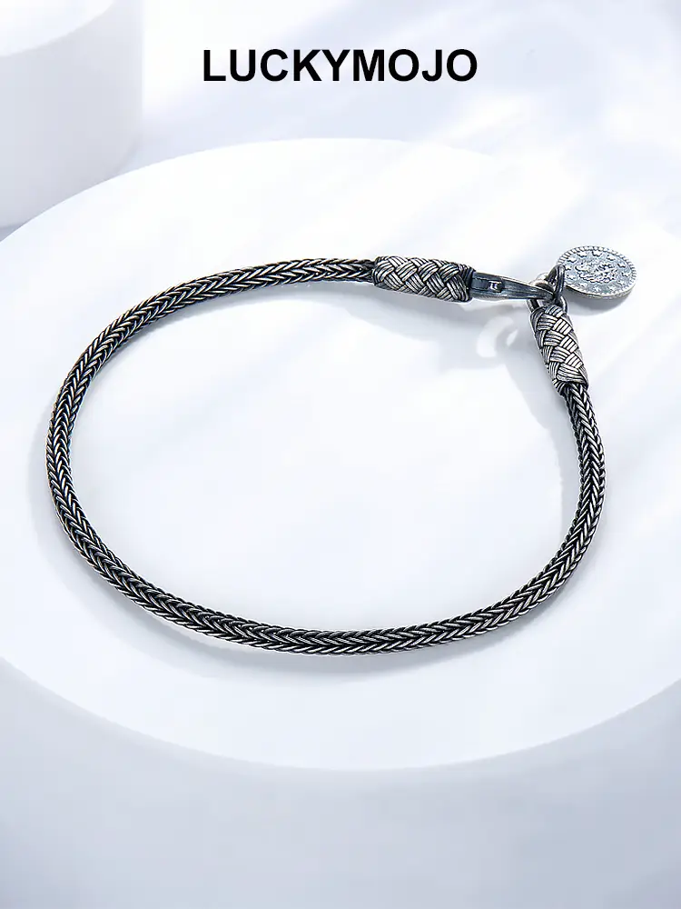 Luckymojo Turkish Normcore Main Sterling Silver Bracelet Men's Hand-Woven Silver Bracelet Couple Styles Can Be Worn with Beads
