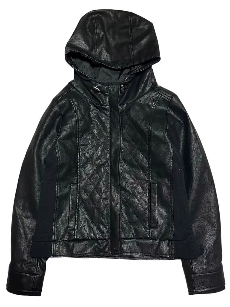 (Exclusive) L.G.B 00s Dark Knight Motorcycle Visual Retro Subcultural Hooded Leather Jacket