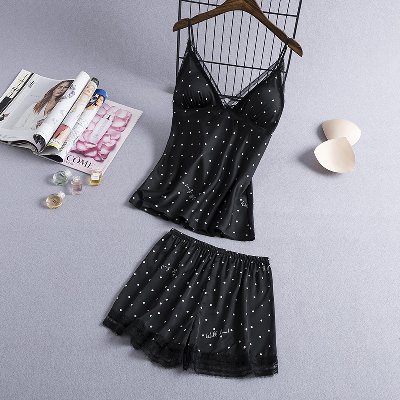 Sexy Pajamas Women's Spring and Autumn Sling Ice Silk Ribbon Wave Dot Simulation Ribbon Chest Pad Small Chest Underwear Fun Home Clothes