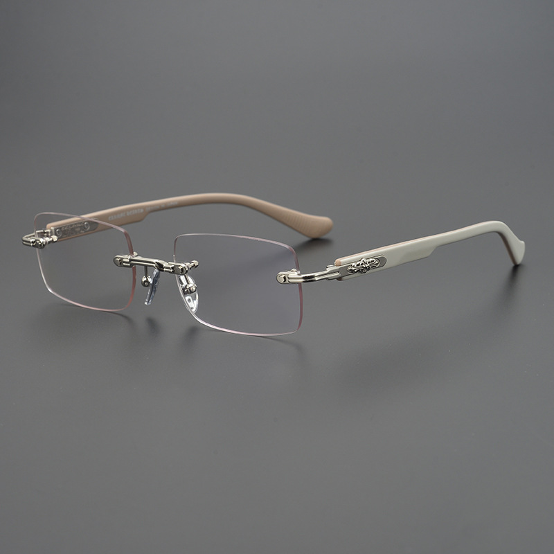 Hand-made Cross Krao Heart Trendy Frameless Business Niche Square Glasses Frame Perforated Men's and Women's Myopia Flat Glasses QC-foto från 1688 på Qualit.ly