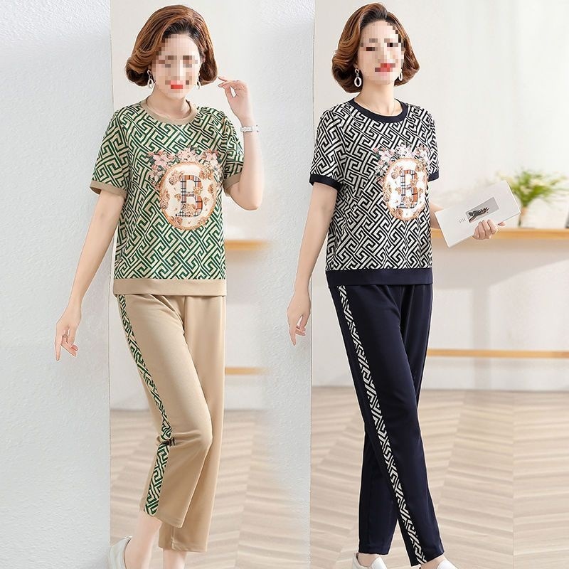 Middle-Aged and Elderly Women's New Summer Fashion Suits, Middle-Aged Mothers' Large Size Short-Sleeved Casual Sportswear Summer Clothes