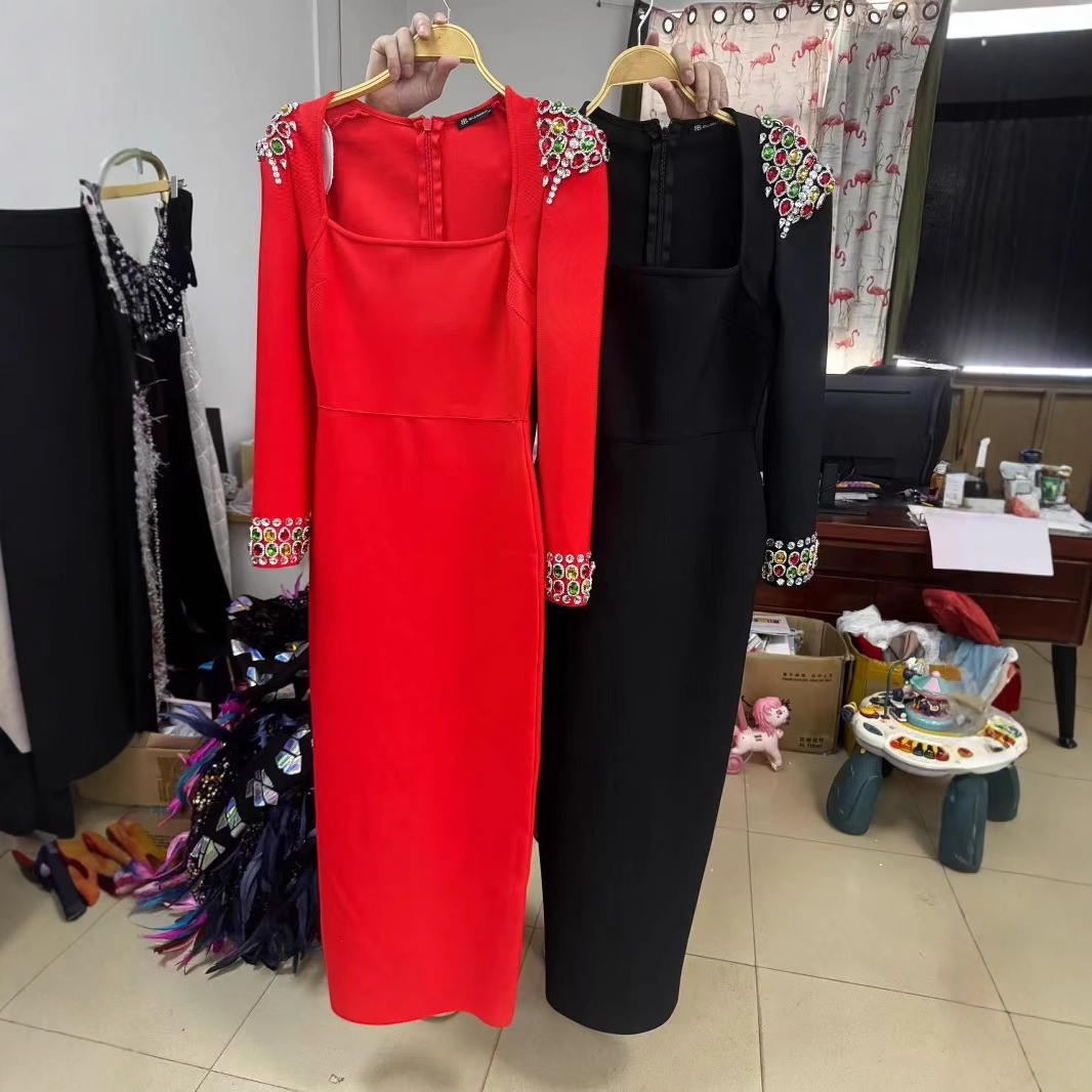 AliExpress Fashion Black Diamond Casual Long Sleeve Tight Slim Bandage Long Hip dress Evening Dress