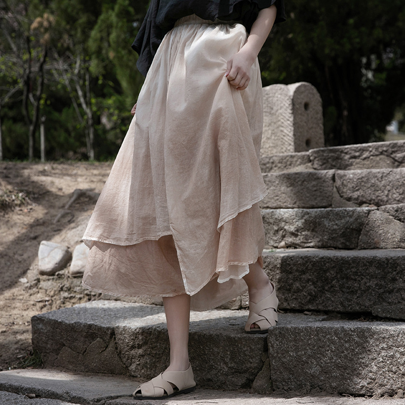 2026 Summer New Cotton and Linen Women's Clothing, Artistic and Ethereal Style, Hand-Sprayed Dyeing, Large Hem, Irregular Double-Layer Cotton and Linen Skirt