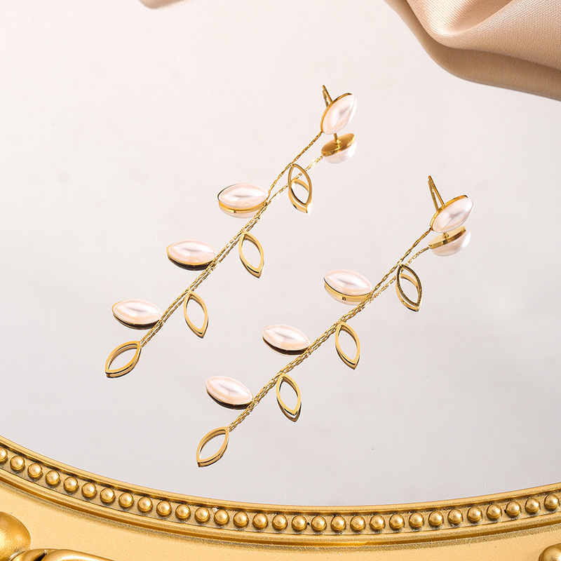 European and American INS Style Light Luxury Pearl Hollow Willow Titanium Steel Earrings Niche Design Tassel Long Hanging Earrings