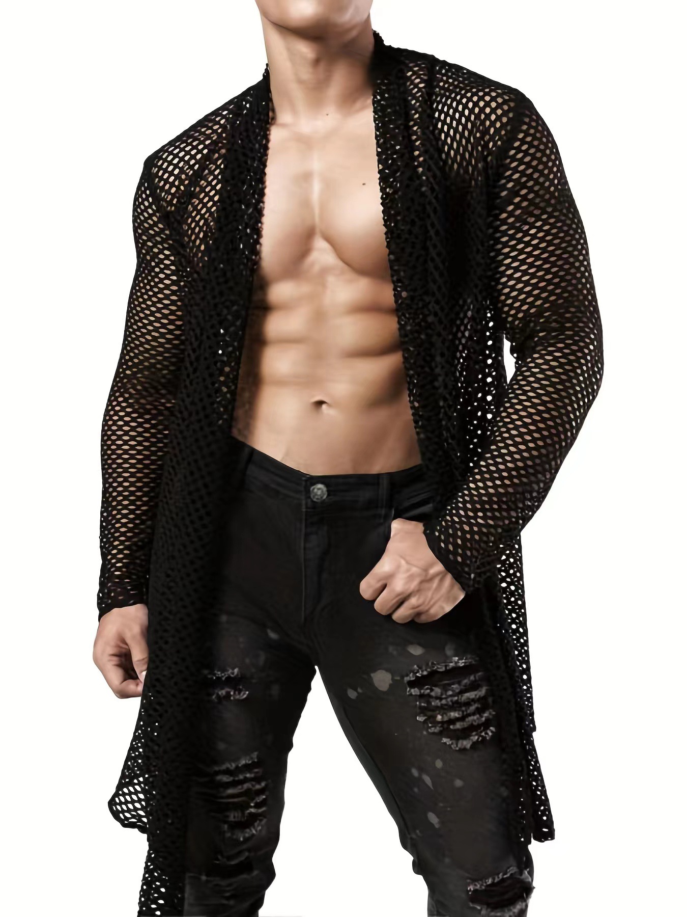 Cross-Border Foreign Trade 2026 Personalized Long-Sleeve European and American Men's Street Fashion Shirt, Long Mesh Hollow-Out Sexy See-Through Cardigan