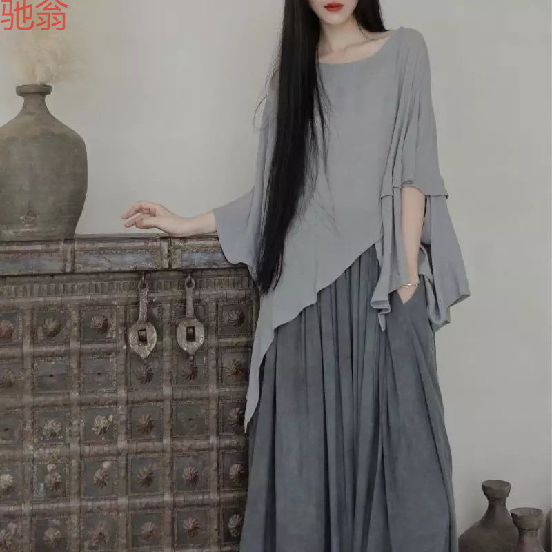 W9Q Yuan Shan Gray Cool Silk Cotton Linen Irregular Bat Sleeve Top Sun Protection Cover-Up Cotton