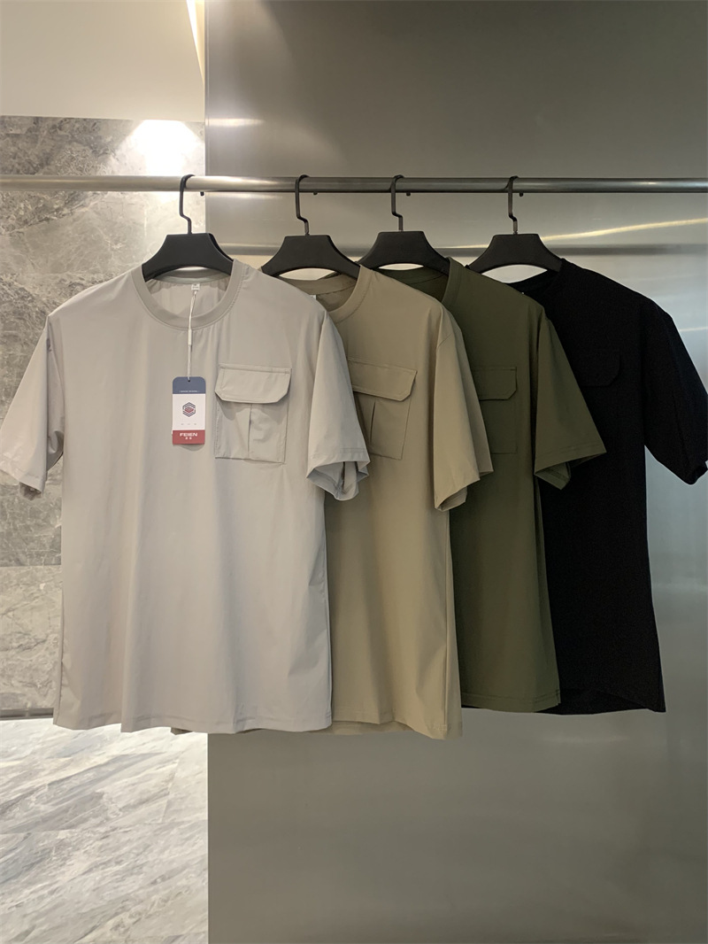 Mountain leisure washing retro do the old! Heavy Solid Color Tooling Pocket Casual Short-sleeved T-shirt for Men