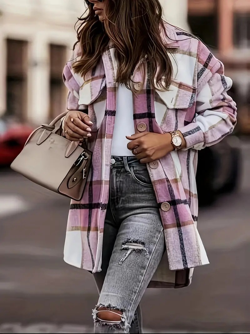 2024 European and American Cross-border Autumn and Winter Ladies Amazon New Plaid Striped Pocket Woolen Single-breasted Coat Windbreaker