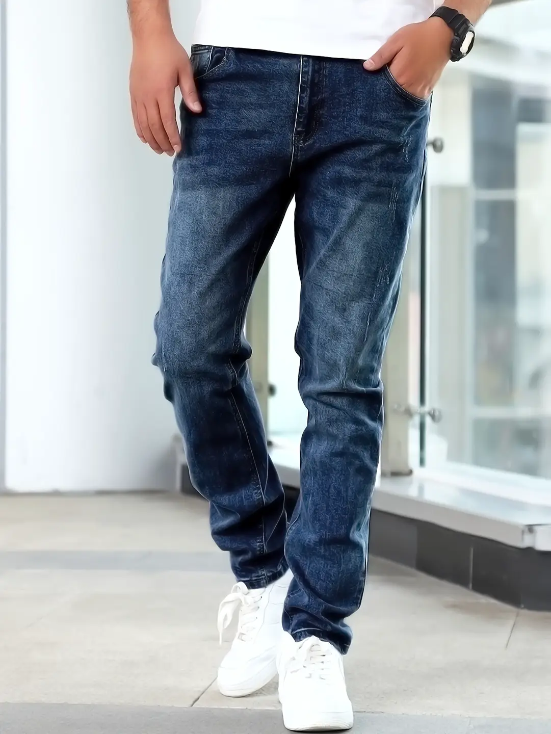 Men's Straight-Leg Jeans with Medium Stretch, Cycling Style Men's Pants, Street Style Dark Blue Denim Trousers