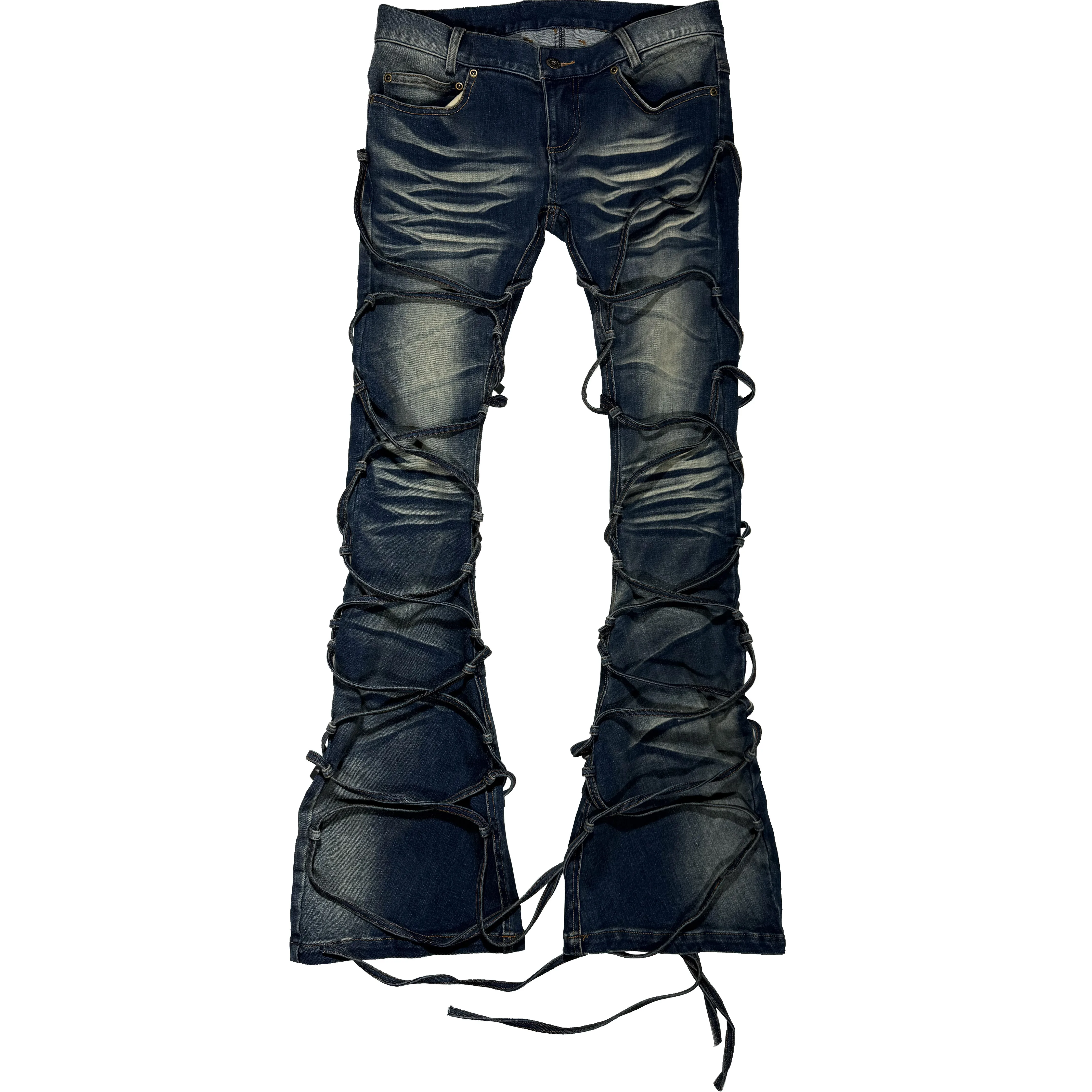 [PCCVISION] 3MAN0N 绑带黑蓝双色做旧弹性紧身女款喇叭裤