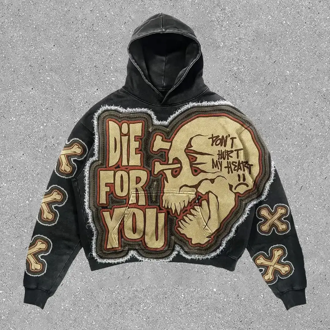Harajuku Fashion Retro Skull Printed Hoodies y2k Lovers Streetwear Hoodies