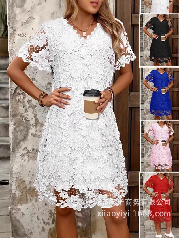 Amazon Cross-Border European and American Foreign Trade Women's Clothing, Stylish and Popular for Work, V-Neck Lace Hollow-Out Mid-Length Dress