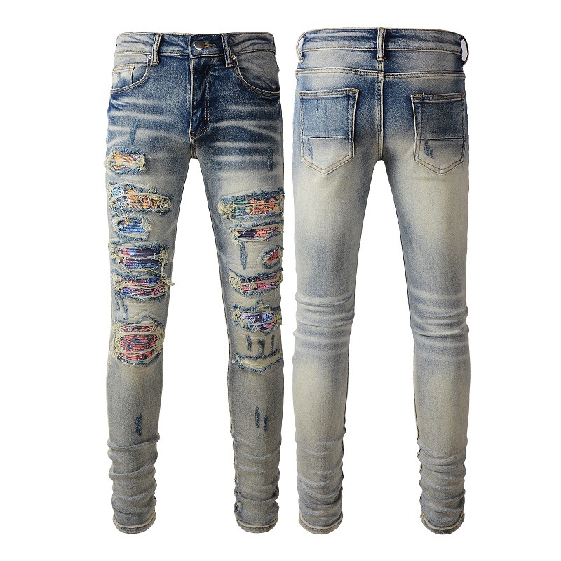 Street Style Ripped Men's Jeans, Versatile Printed Slim-Fit Stretch Casual Tapered Pants 876