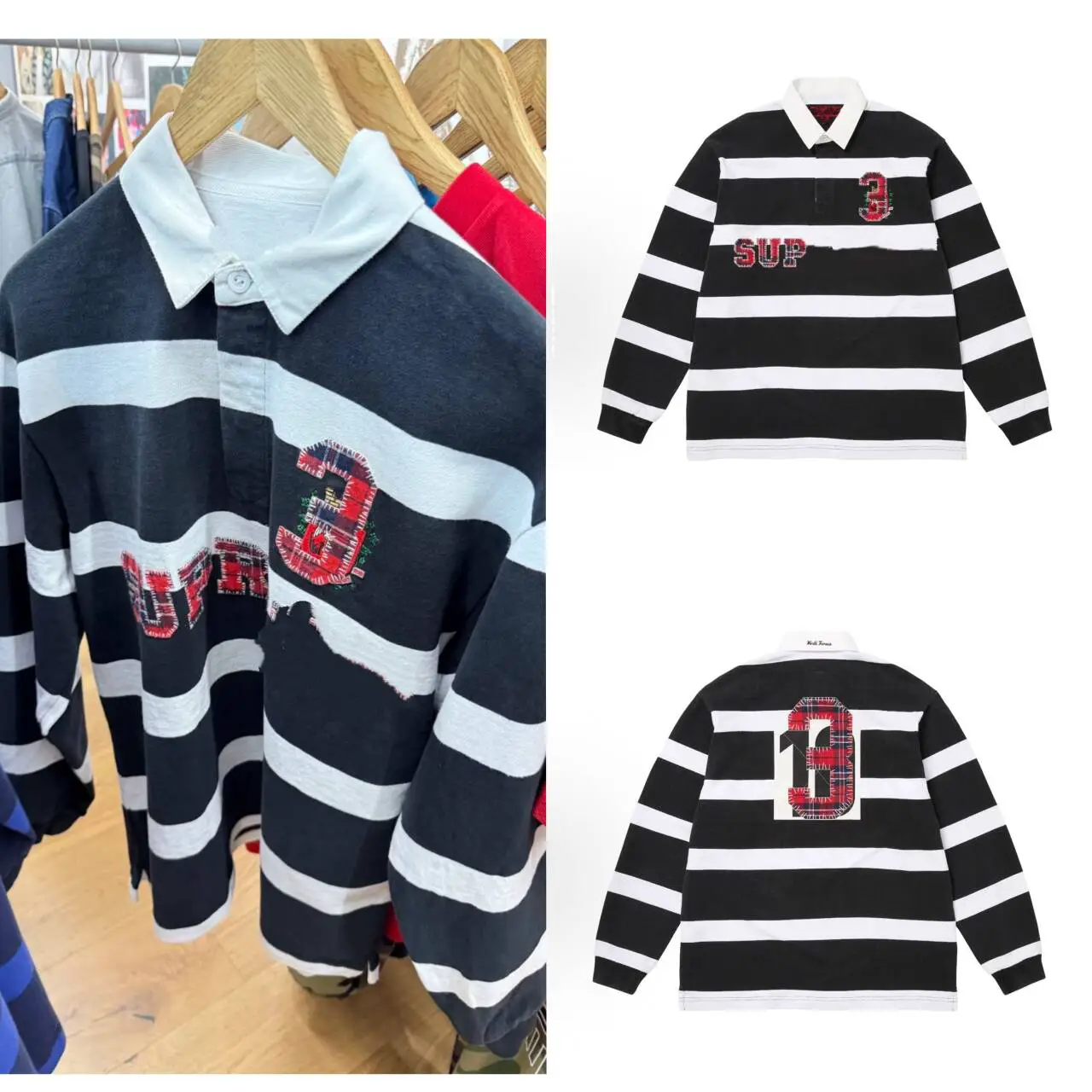 Fw25 Stripe Rugby American Plaid Applique Embroidered Long-Sleeved Lapel Polo Shirt Rugby Uniform for Men and Women