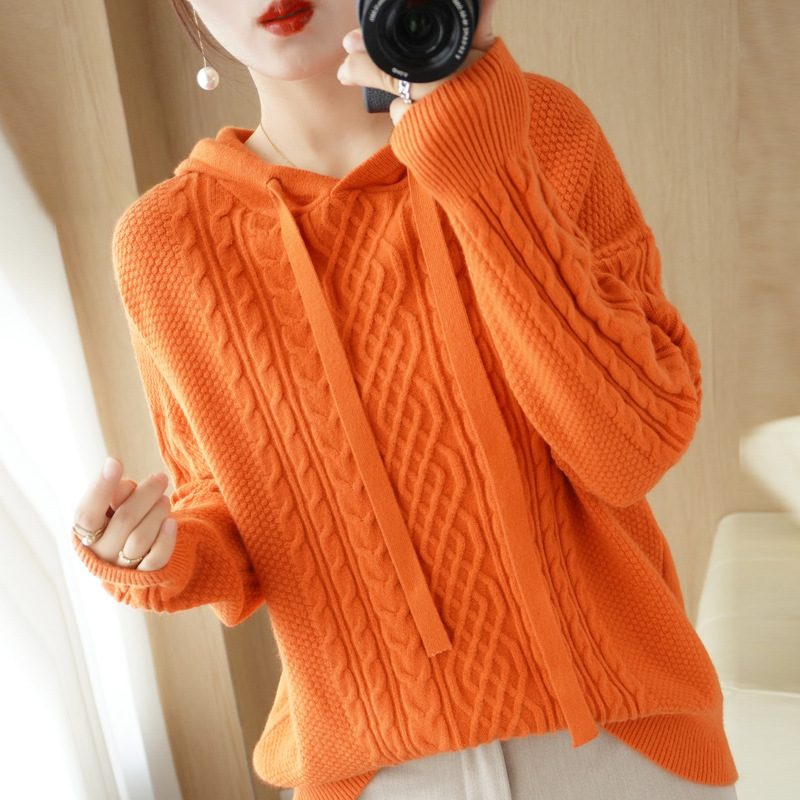 Autumn and winter women's sweater loose casual lazy twist hoodie sweater long sleeve thickened knitted bottoming shirt top