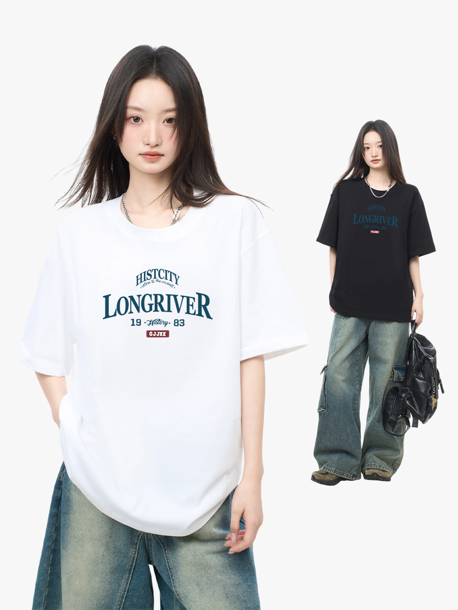 Short-sleeved T-shirt Women's Simple Casual Ins Trendy Women's American Style Retro Loose Cotton Half-sleeved Top Men's Printed Summer
