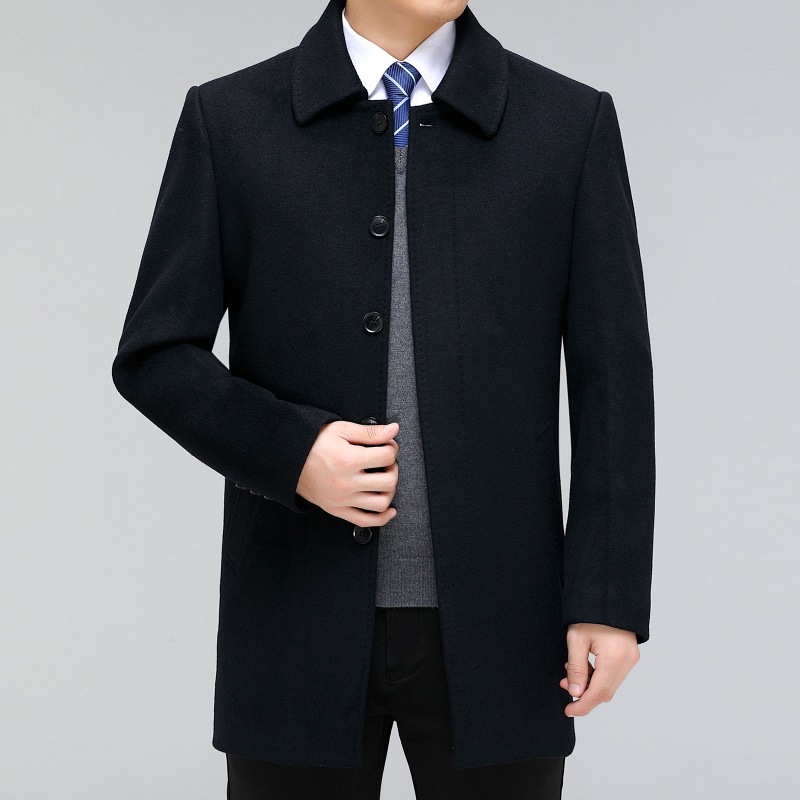 Middle-Aged and Elderly Men's Button-Down Cashmere Coat, Mid-Length Autumn and Winter Woolen Trench Coat with Lapel for Dad