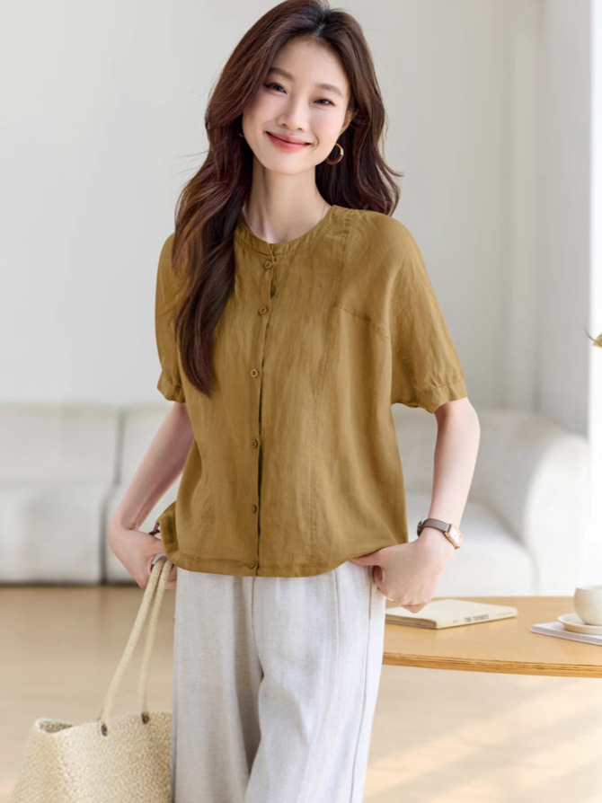 Ramie Short-sleeved Shirt Women's Summer 2025 New Style Loose Elegant Age-reducing Slimming Short Top for Small Mother